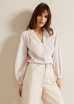 White Phase Eight Seraphina Stripe Frill Shirts | 4819XBRPT