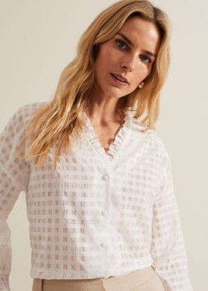 White Phase Eight Tara Textured Frill Shirts | 8327SYGOI