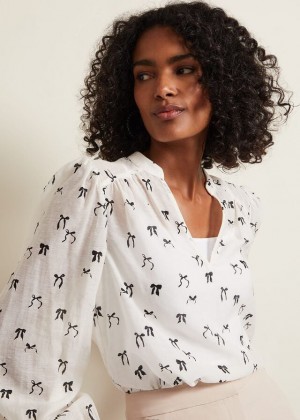 White Phase Eight Taytum Bow Print Shirts | 8692FGKSP