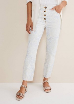 White / Blue Phase Eight Cordelia Floral Straight Leg Trousers | 6724JNLRH