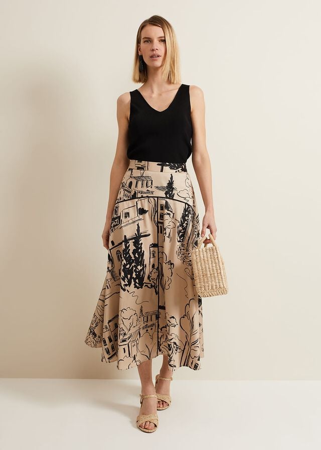 Beige Phase Eight Mavis Tuscan Print Skirts | 7840XNYBS