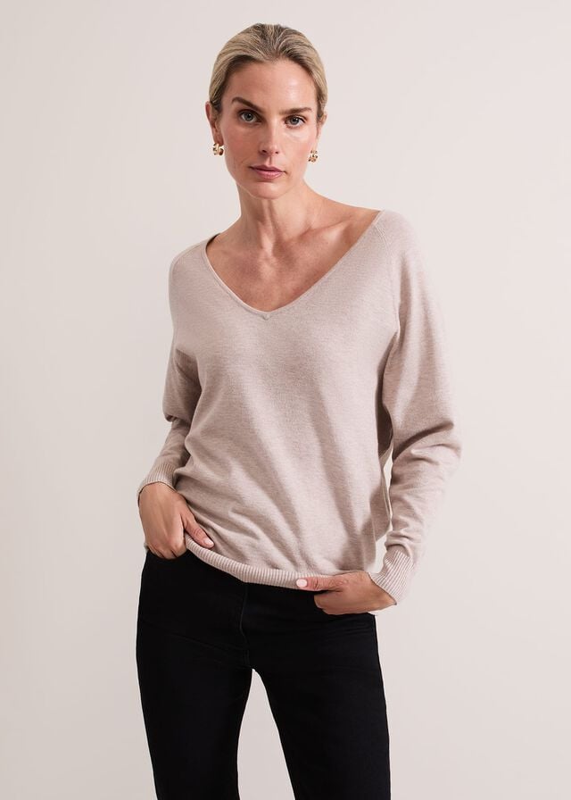 Beige Phase Eight Senita Fine V-Neck Knitwear | 0235EBLHV