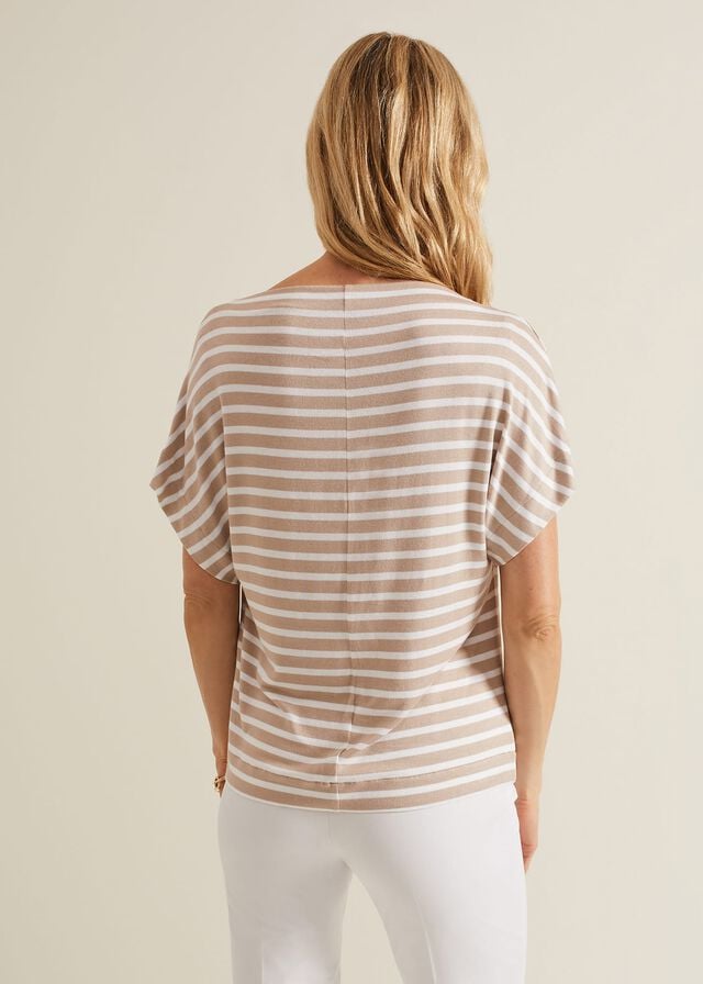 Beige / White Phase Eight Carina Stripe Cowl Neck T Shirts | 5387TWVKF