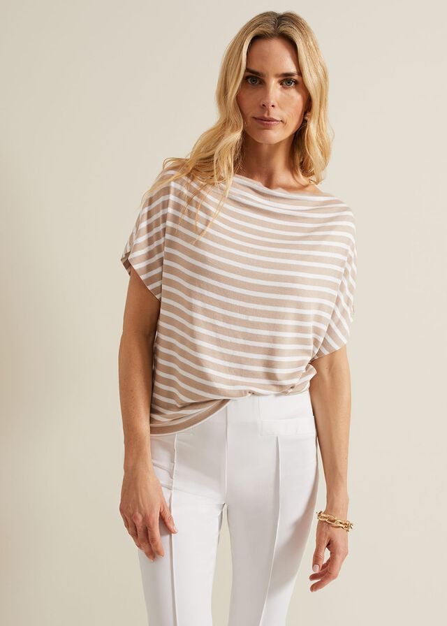 Beige / White Phase Eight Carina Stripe Cowl Neck T Shirts | 5387TWVKF