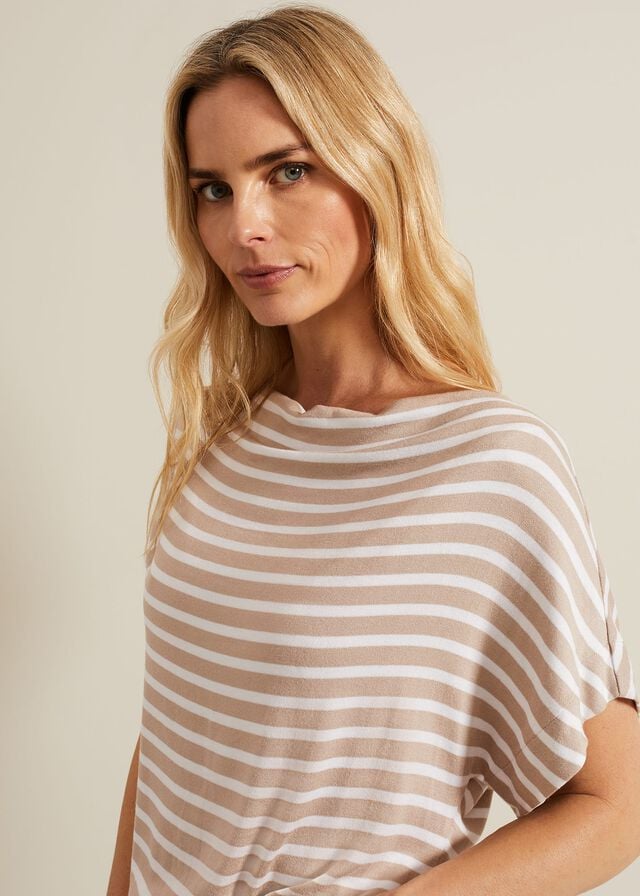 Beige / White Phase Eight Carina Stripe Cowl Neck T Shirts | 5387TWVKF