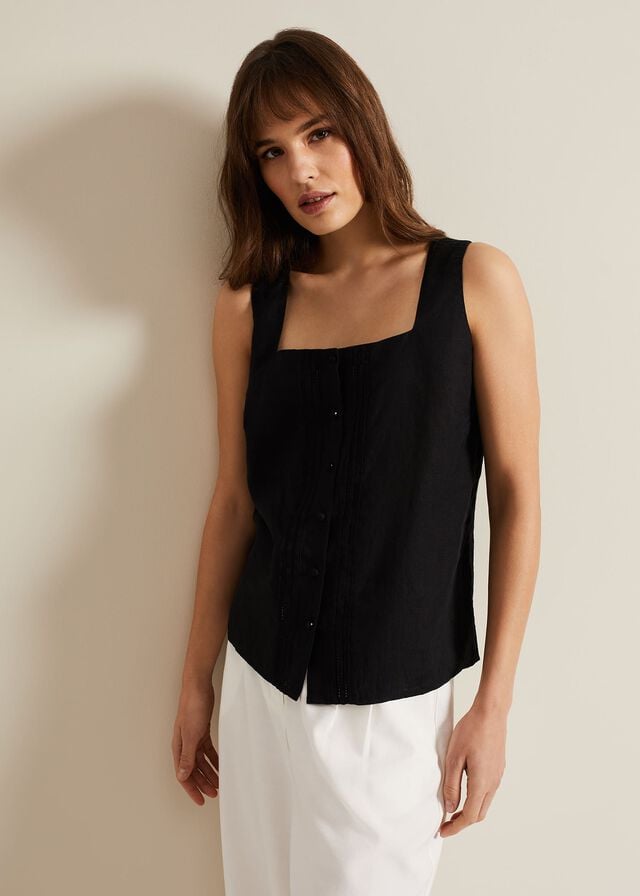 Black Phase Eight Ashley Linen Button Shell Shirts | 5318HSNJL