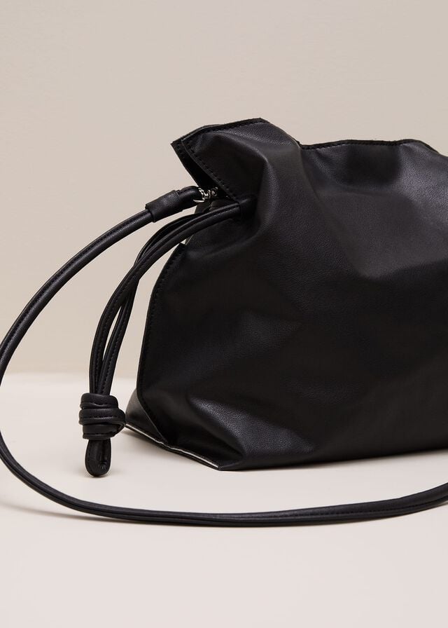 Black Phase Eight Black Leather Drawstring Soft Pouch Bags | 7406JELIR