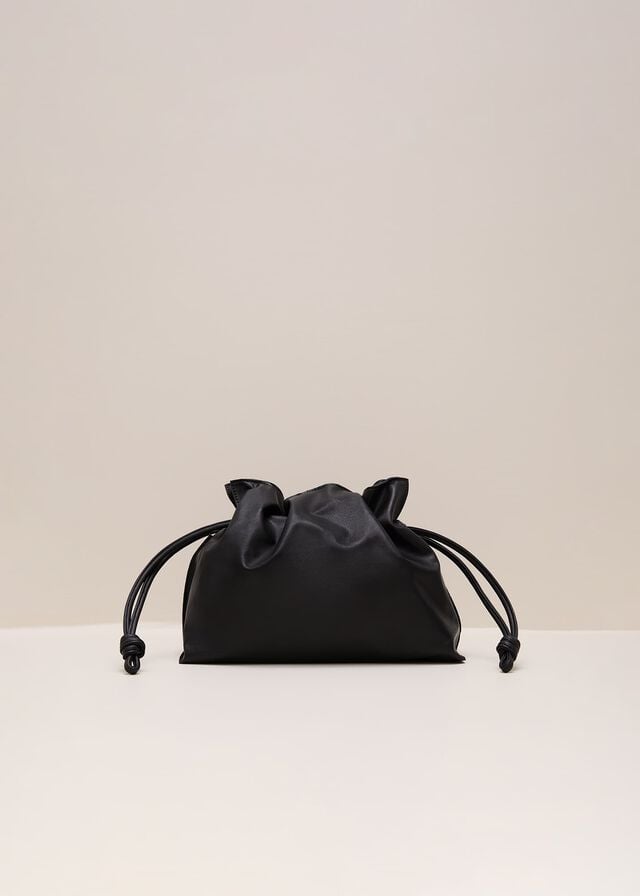 Black Phase Eight Black Leather Drawstring Soft Pouch Bags | 7406JELIR