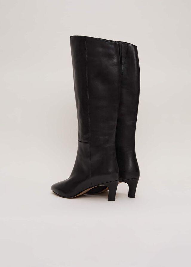 Black Phase Eight Black Leather Kitten Knee Boots | 1657KZYPN