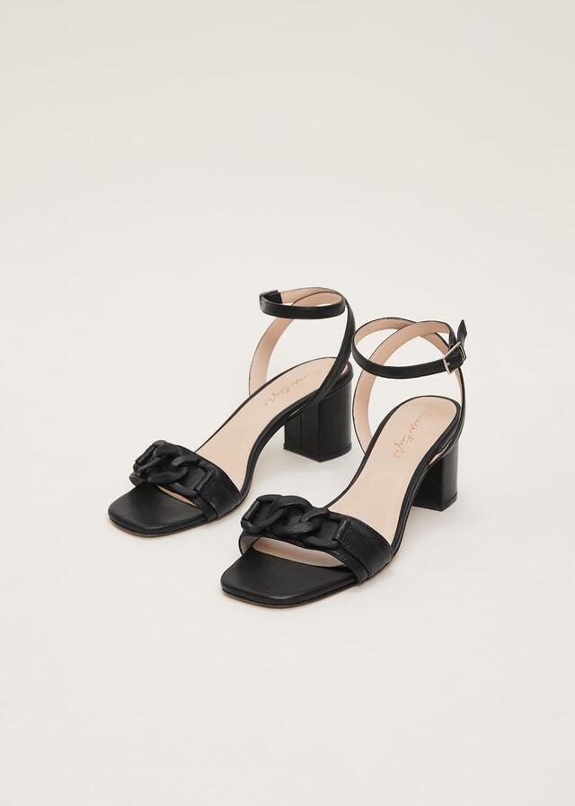 Black Phase Eight Black Leather Open Toe Block Heels | 4923JUYPM