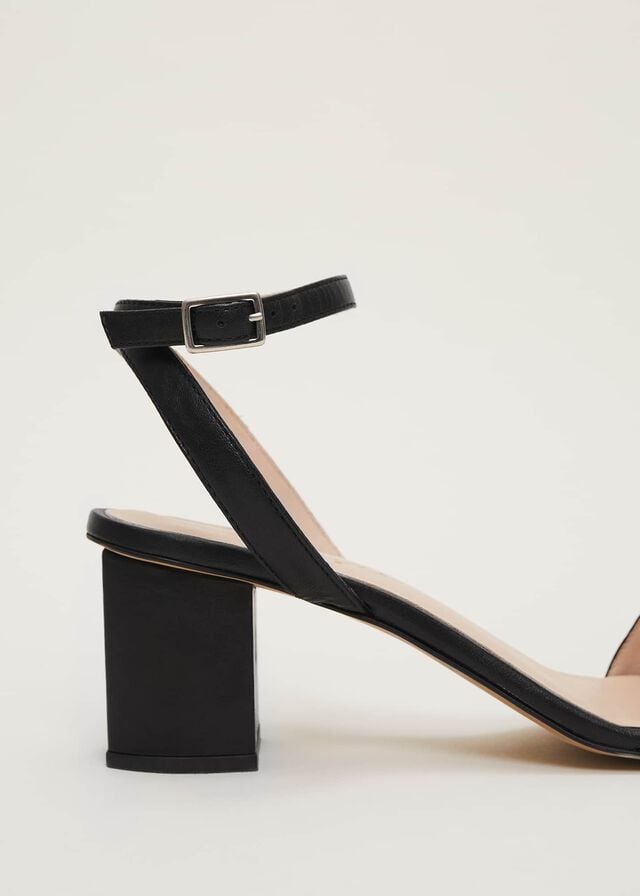 Black Phase Eight Black Leather Open Toe Block Heels | 4923JUYPM