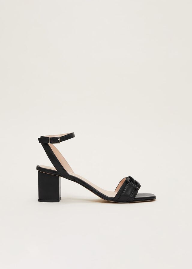 Black Phase Eight Black Leather Open Toe Block Heels | 4923JUYPM