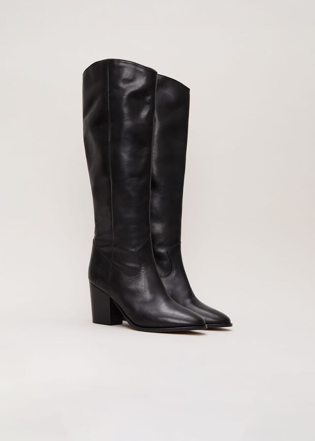 Black Phase Eight Black Leather Western Knee Boots | 9807LJTPS