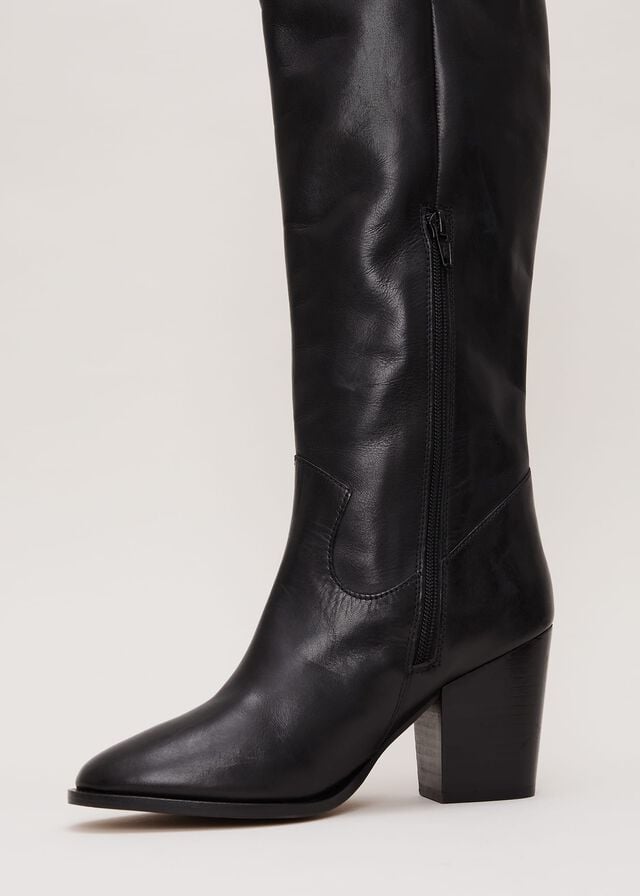 Black Phase Eight Black Leather Western Knee Boots | 9807LJTPS