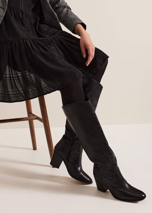 Black Phase Eight Black Leather Western Knee Boots | 9807LJTPS