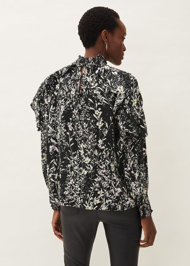 Black Phase Eight Daphne Floral Frill Shirts | 6753BCUNE