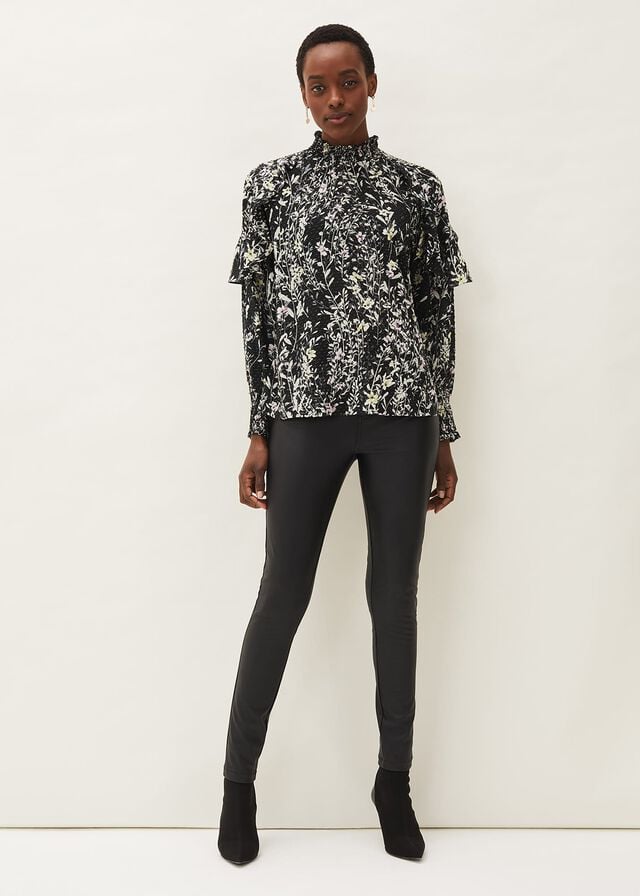 Black Phase Eight Daphne Floral Frill Shirts | 6753BCUNE