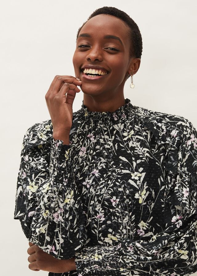 Black Phase Eight Daphne Floral Frill Shirts | 6753BCUNE