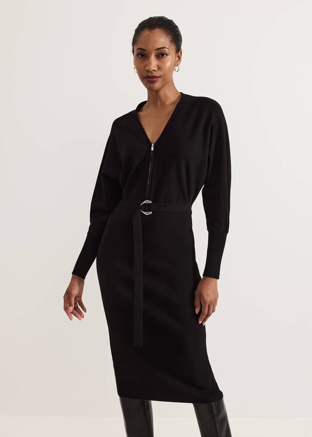 Black Phase Eight Dixie Batwing Zip Belted Dress | 7869TVGIQ