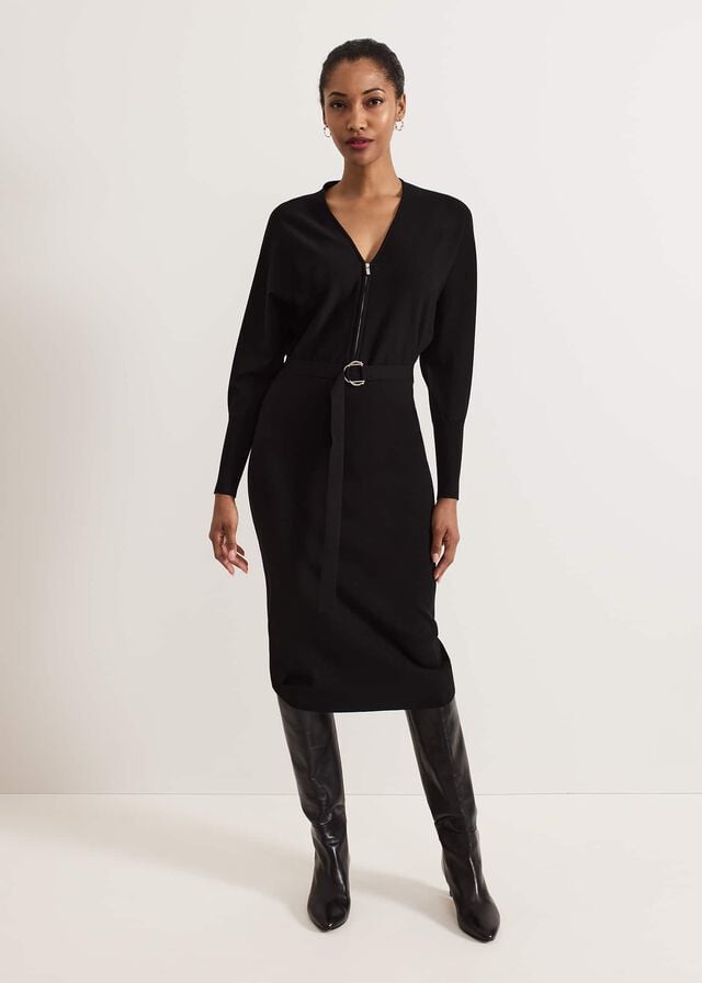 Black Phase Eight Dixie Batwing Zip Belted Dress | 7869TVGIQ