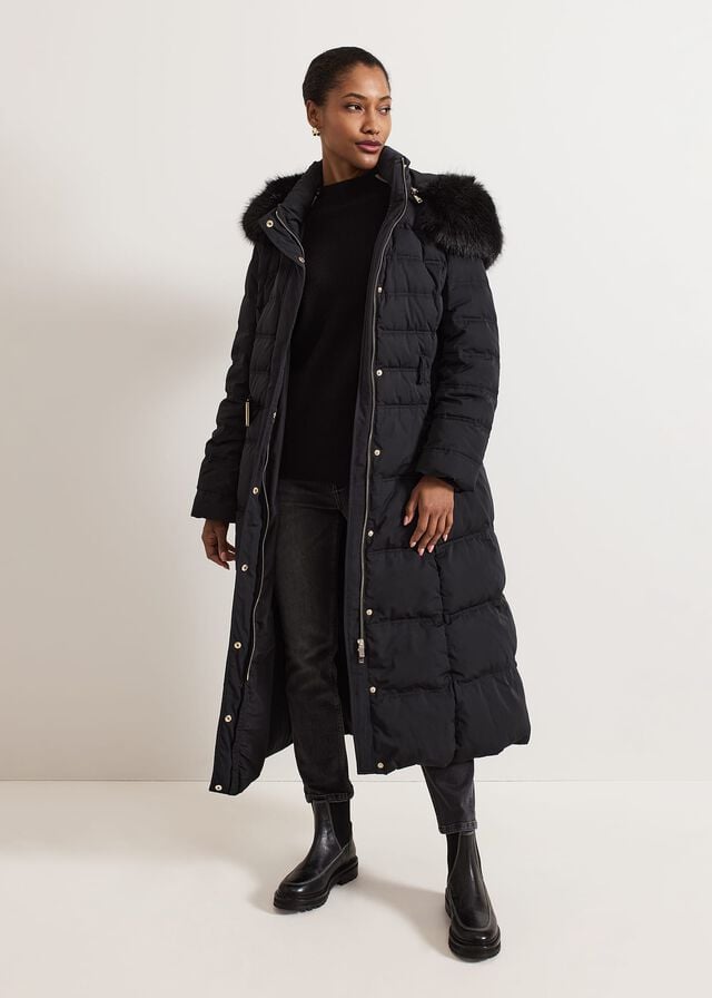 Black Phase Eight Dixie Long Fur Hood Puffer Coats | 8549EYWNV