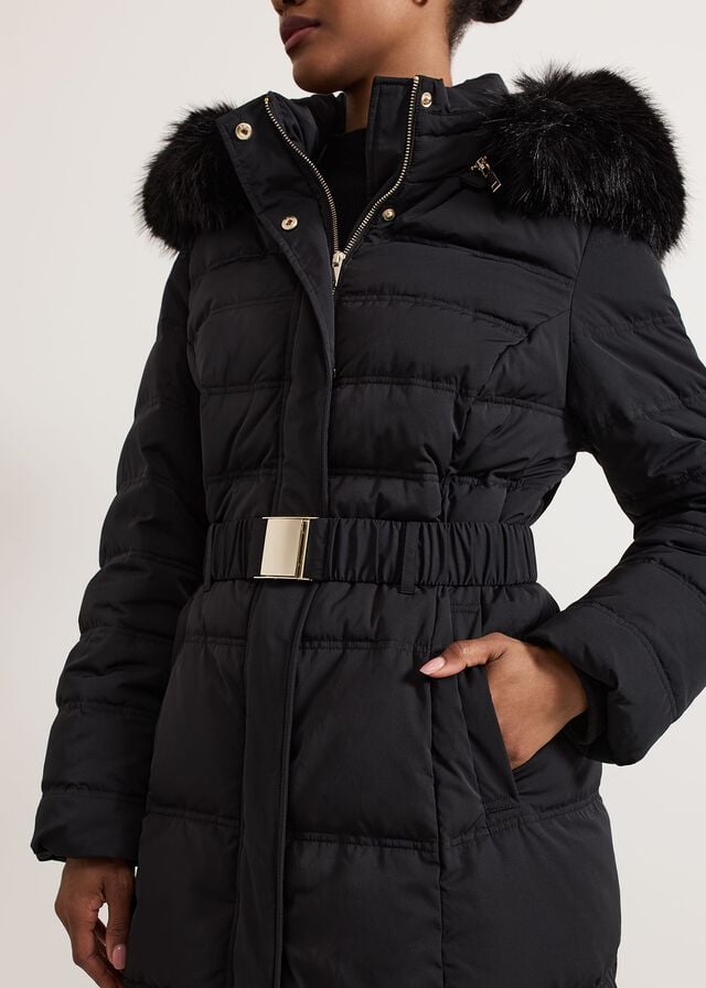 Black Phase Eight Dixie Long Fur Hood Puffer Coats | 8549EYWNV