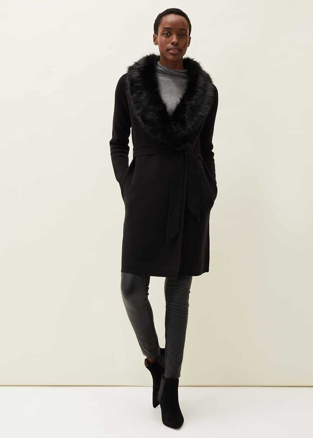 Black Phase Eight Edessa Fur Collar Wrap Coats | 1820AOCQP