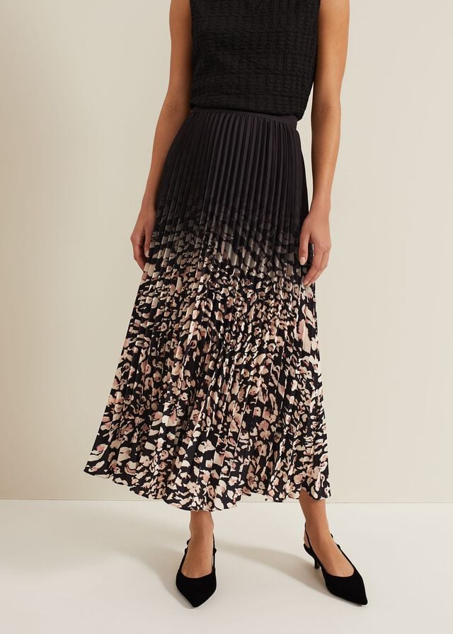 Black Phase Eight Elmina Abstract Print Pleated Skirts | 1974BKSRF