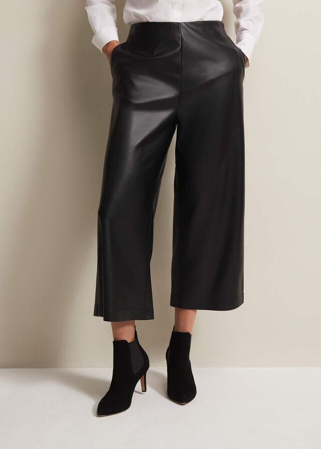 Black Phase Eight Emeline Faux Leather Culottes Trousers | 9736ROVJC