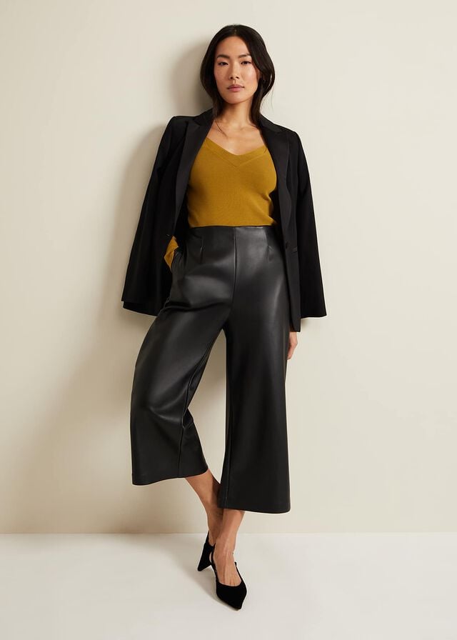 Black Phase Eight Emeline Faux Leather Culottes Trousers | 9736ROVJC