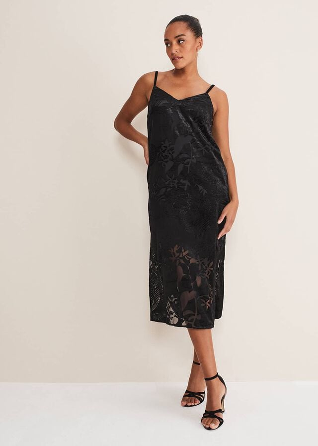 Black Phase Eight Fayette Textured Velvet Slip Dress | 2310QTLIX