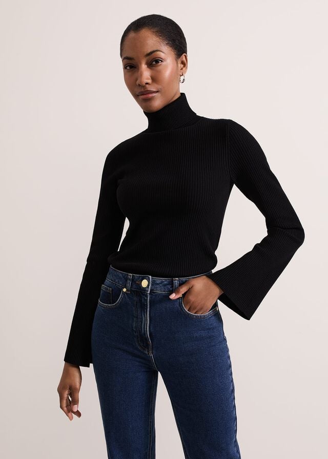 Black Phase Eight Fran Fluted Sleeve Ribbed Roll Neck Knitwear | 9512JZEKQ