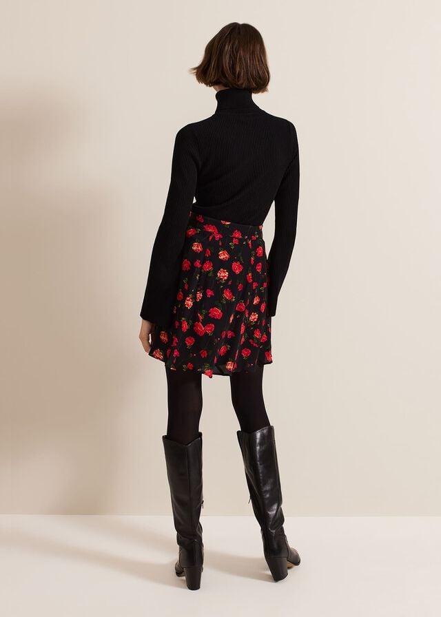 Black Phase Eight Ilaria Rose Print Flippy Skirts | 3509AKFES