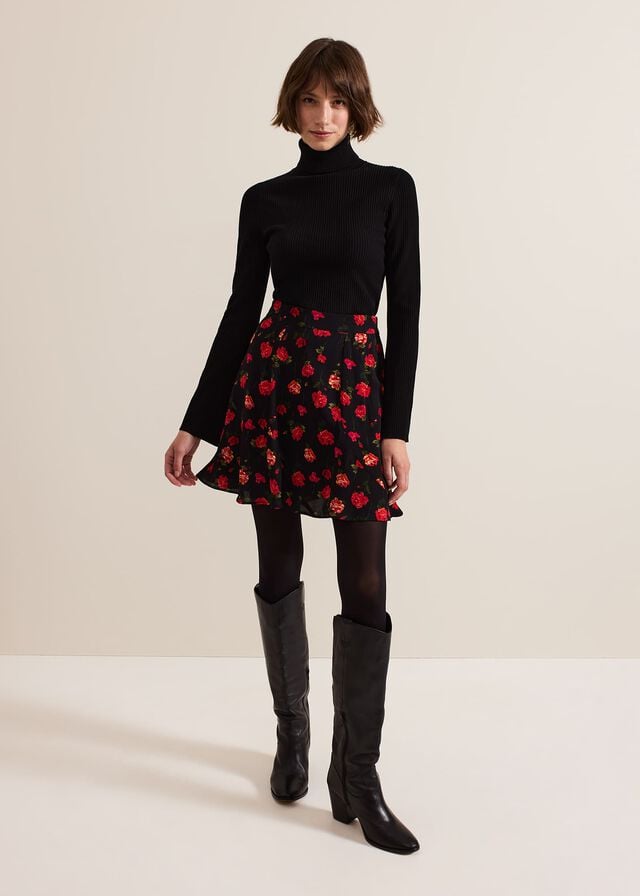 Black Phase Eight Ilaria Rose Print Flippy Skirts | 3509AKFES