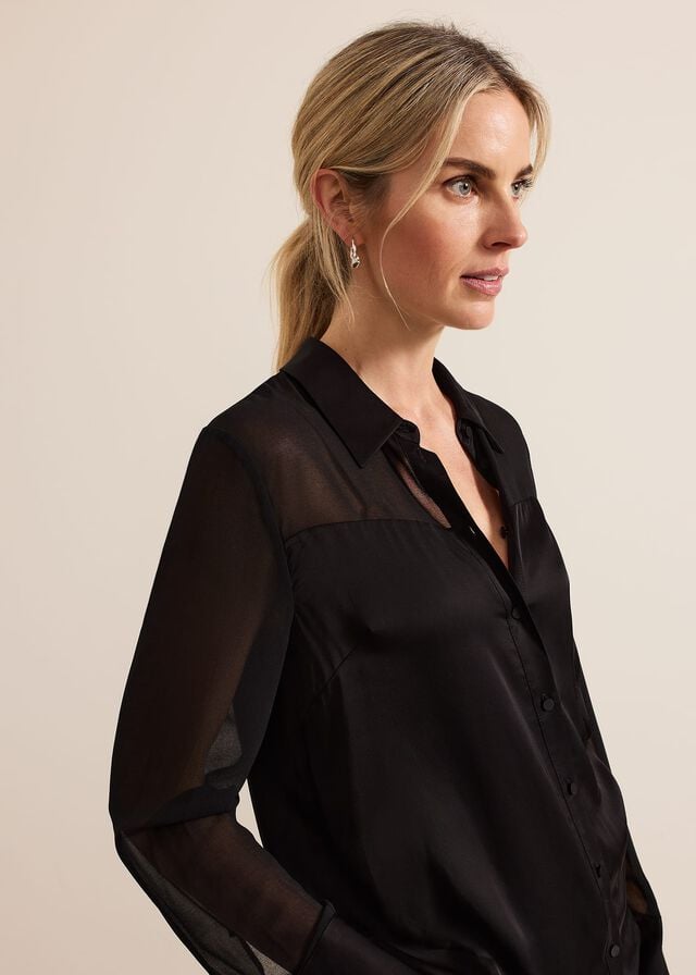 Black Phase Eight Inessa Mixed Media Satin Shirts | 8509ZUBIX