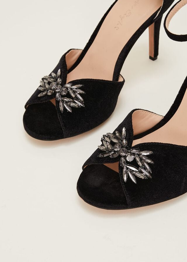 Black Phase Eight Jewel Front Velvet Heels | 6820QZESC