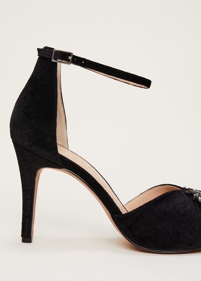 Black Phase Eight Jewel Front Velvet Heels | 6820QZESC