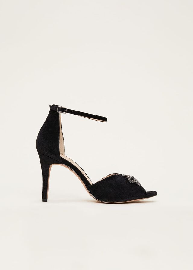 Black Phase Eight Jewel Front Velvet Heels | 6820QZESC