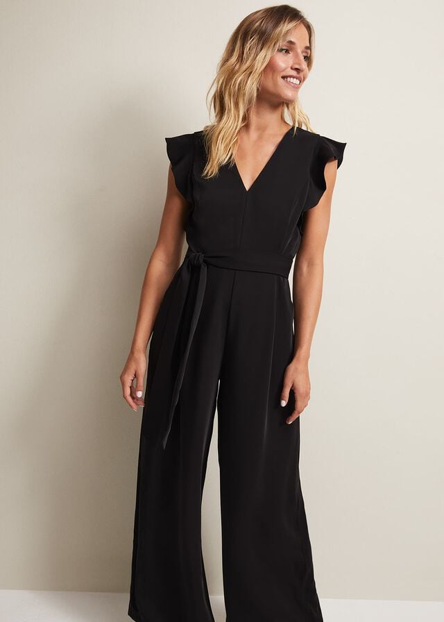 Black Phase Eight Kallie Ruffled Wide Leg Jumpsuit | 3289CYNXO