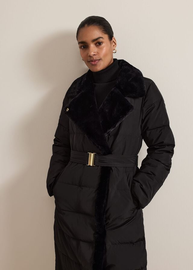 Black Phase Eight Kim Fur Collar Puffer Coats | 7512TFQHU