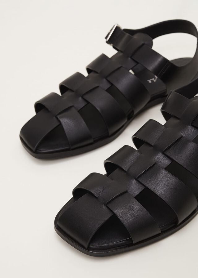 Black Phase Eight Leather Chunky Strap Flats | 5346OAYQE