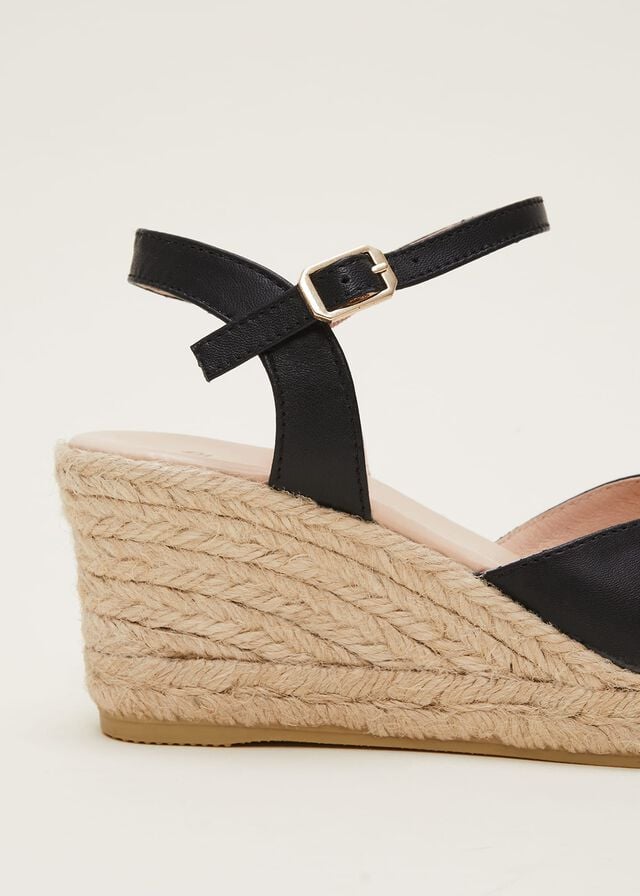 Black Phase Eight Leather Cross Front Espadrilles Heels | 1639GBTOJ