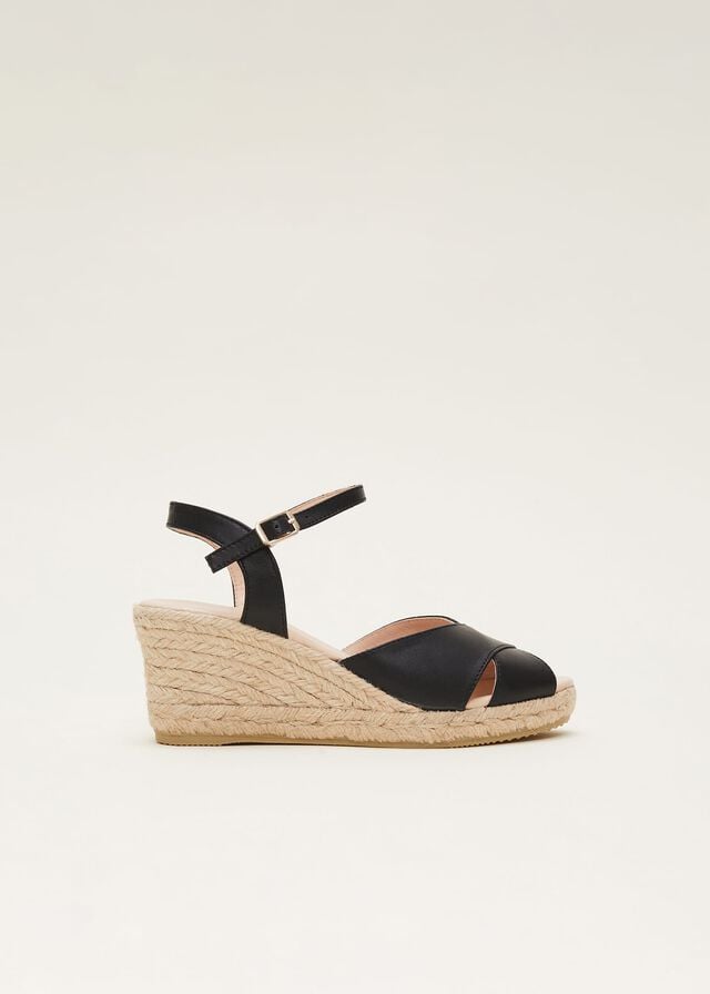 Black Phase Eight Leather Cross Front Espadrilles Heels | 1639GBTOJ