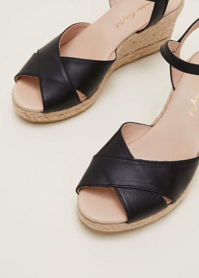 Black Phase Eight Leather Cross Front Espadrilles Flats | 5819YOXHN