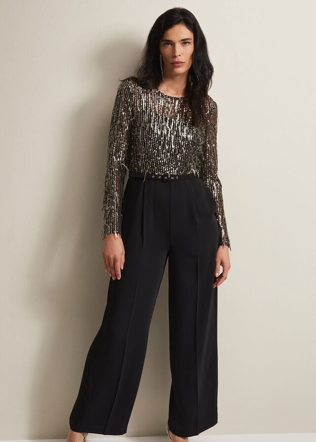 Black Phase Eight Mariah Sequin Fringe Wide Leg Jumpsuit | 4601ORBUC