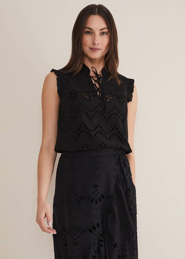 Black Phase Eight Mollie Broderie Sleeveless Shirts | 3561MRCEU