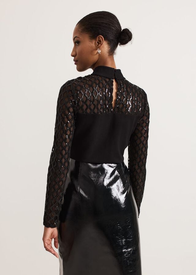 Black Phase Eight Nicole Sequin Mesh T Shirts | 2305MDAHE