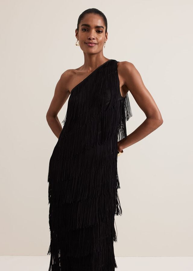 Black Phase Eight Otto One Shoulder Fringe Dress | 3675FABKR