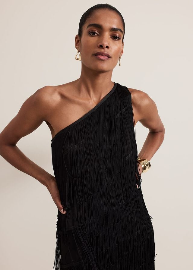 Black Phase Eight Otto One Shoulder Fringe Dress | 3675FABKR