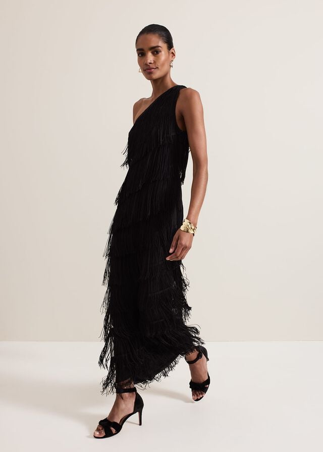 Black Phase Eight Otto One Shoulder Fringe Dress | 3675FABKR